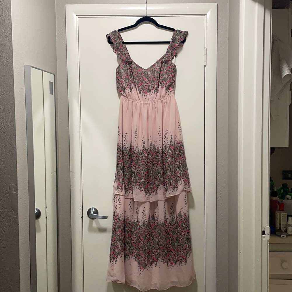 Pink Floral Tiered Maxi w/ Flutter Sleeves